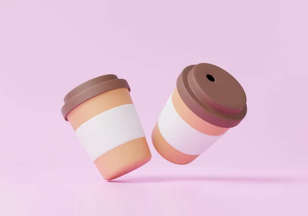 Paar Leere Kaffeetassen Aus Papier Isoliert Schwimmend Auf Rosa Hintergrund — Stockfoto