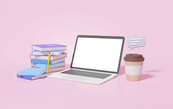 Minimal cartoon style laptop mockup empty white screen and paper coffee cup and stack book learning online knowledge chat talk education concept. on pink background. 3d rendering illustration