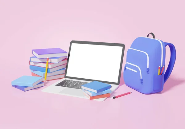 Minimal cartoon style laptop mockup blank white screen with backpack and stack book knowledge learning online education concept. on pink background. 3d rendering illustration