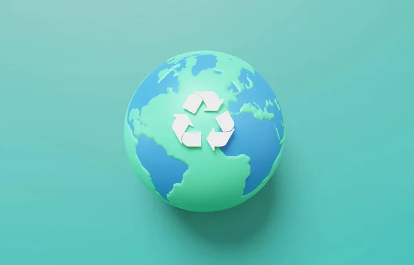 Hållbart Miljökoncept Återvinna Symbol Med Jord Vård Grön Pastell Bakgrund — Stockfoto