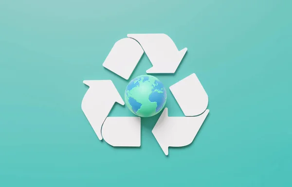 緑のパステルの背景 環境の概念に地球の世話を最小限の漫画のリサイクルシンボル 生物生態系の保護 廃棄物 コピースペース 3Dレンダリング図 — ストック写真