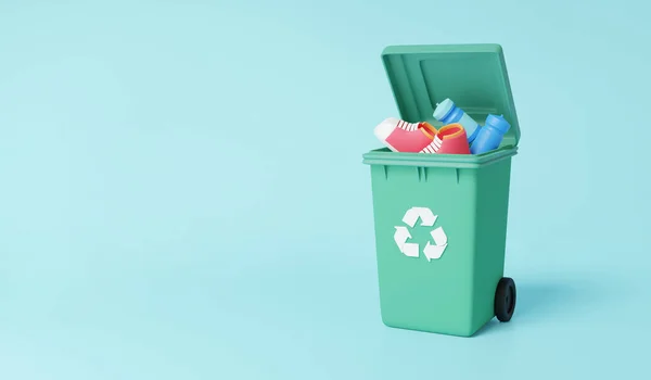 ゴミを緑色に分類し 緑の背景に蓋を開けてシンボルをリサイクルし 環境保全の概念 プラスチックごみ分別バナー漫画最小限 3Dレンダリング図 — ストック写真