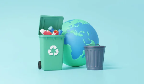 ゴミ箱と漫画の最小限のスタイルの分類ゴミ 緑の背景にオープン蓋のシンボルをリサイクル 環境保全の概念 汚染廃棄物の分別 3Dレンダリング — ストック写真