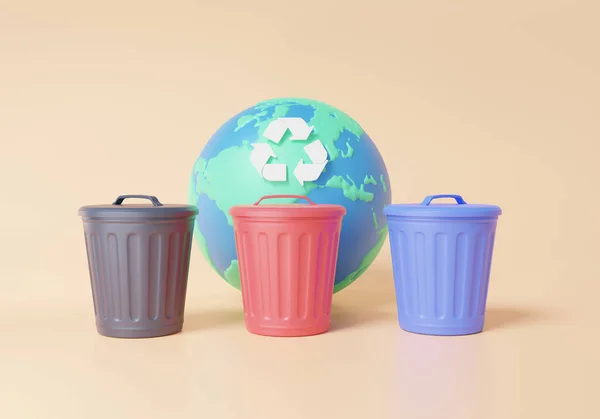 生物生態系の保護緑のパステルの背景に緑のゴミリサイクルのシンボルと3Dアイコンの地球のケア 環境の概念 廃棄物 コピースペース 3Dレンダリング図 漫画のミニマルスタイル — ストック写真