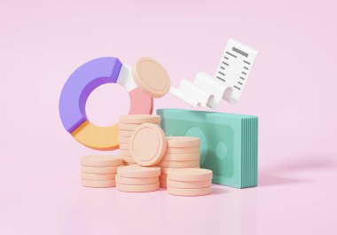 Emanet kârı grafiği finansal grafik analitiği olan bozuk paralar ve banknotlar. Pembe arka planda maliyet azaltma eğitim kavramı. En az çizgi film tarzı. 3d resimleme