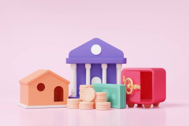 Aile evi, finansal gelir kaynağı kavramı. Ekonomi eğitimi finanse eder. Bütçe planlama hedefi. Vergi, depozito, pembe arka planda tasarruf maliyeti düşüşü. 3d resimleme