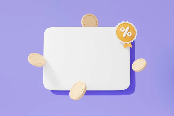 Werbung Rabatt Prozentsatz Kuponmünzen Schwebt Auf Violettem Hintergrund Minimale Cartoon — Stockfoto