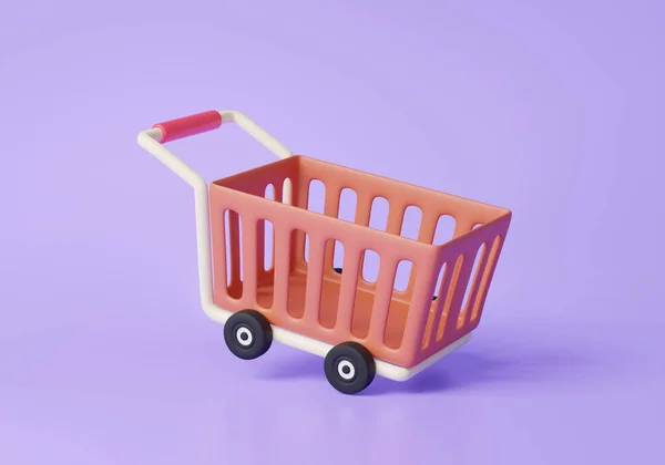 空荡荡的购物车漂浮在紫色的粉刷背景上 网上购物的概念 广告营销打折促销销售 超级市场 3D渲染说明 — 图库照片