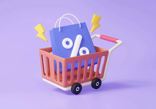 마케팅 퍼센트 쿠폰은 보라색 카트를 할인하는 것이다 온라인 컨셉트 슈퍼마켓 — 스톡 사진