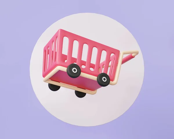 Roter Einkaufswagen Schwimmt Auf Lila Hintergrund Online Kaufkonzept Einkaufen Cartoon — Stockfoto