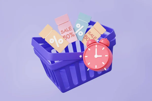 Basket Shopping Icon Discount Voucher Coupon Floating Purple Background Alarm — Stock Photo, Image