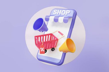 Mobil telefon uygulaması e-ticaret alışveriş arabasında konsept satın alma konsepti ve mor arka planda gezinen hoparlör pazarlama indirimi. Promosyon satışı, al, sat. 3d resimleme