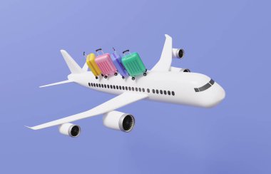 Seyahat havayolları dünya çapında uçuş kartı tatil gezisi yaz tatili konsepti. Uçak bileti izole pastel arka planda yüzüyor. bagaj turizmi dünya turu planlama. 3d oluşturma