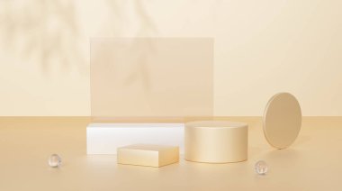 Altın podyum renk arkaplanı geometrik şekiller çemberi ile markalaştırma bileşimi, ürün sunumu için kaidesel platform minimal biçim, kopyalama alanı, 3d resimleme