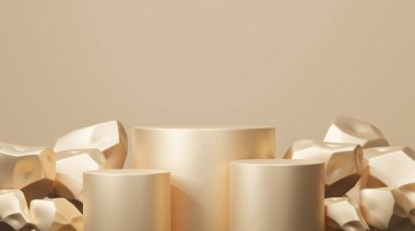Sahne ürünü sunumu için soyut markalaştırma bileşimini göster. Kaya taşları, podyum altın rengi arka plan, geometrik şekiller, platform, kopyalama alanı. 3d resimleme