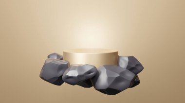 Geometrik şekilli altın podyum arka planı, siyah kaya taşlı kaidesel boş lüks, platform soyut markalaştırma sahne ürünü sunumu, kopyalama alanı. 3d hazırlayıcı