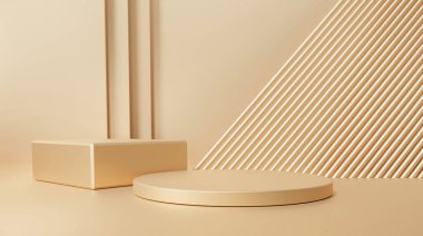 Altın podyum rengi 3D arkaplan sahnesi Geometrik şekiller çemberi ile boş, kozmetik ürün sunumu için kaidesel boş platform, minimal biçim, kopyalama alanı, 3d oluşturma