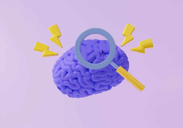 紫色の背景に浮かぶサンダーボルト解剖学教育解剖モデル科学を用いたマグニファイアの検索脳 革新的なアイデア 創造性学習のコンセプト 3Dレンダリングイラスト — ストック写真