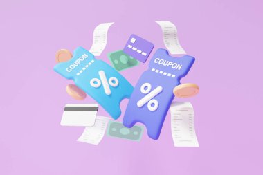 Promosyon kuponları indirim etiketi konsepti. Online pazarlama ödemelerini iadesi madeni para ve banknot para mor arka planda yüzüyor. Parayı geri öde. 3d resimleme