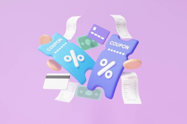 Promotion coupons discount tag concept. refund online marketing payments coin and banknotes bill money floating on purple background. pay money cashback. 3d rendering illustration clipart