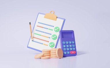 Kontrol Listesi Ekonomi Eğitim Konsepti. Vergi ödemesi, hesap makinesi, madeni paralar, mali öğrenme. Maliyet azaltma işlemleri para tasarrufu finans ve iş hedefi planlama. 3d resimleme