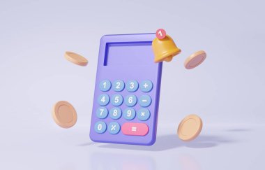 Beyaz arka planda yüzen bildirim çanı olan hesap makinesi ve sikkeler. Maliyet azaltma tasarruf ekonomisi eğitim kavramı. Vergi ödemesi. En az çizgi film tarzı. 3d resimleme