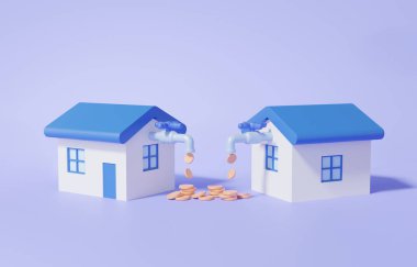 İki ev parası tasarruf fonu pasif gelir konsepti. Faiz finans desteği gayrimenkul yatırımları çoklu akım mevduat yönetimi. 3 boyutlu resimleme. en küçük çizgi film