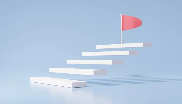 Staircase strategy analysis step by step growth of business, red flag target successful concept. vision achievement performance champion Minimal cartoon, copy space, banner. 3d rendering illustration