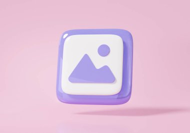 Resim hafıza simgesi seyahat fotoğrafçılığı konsepti. peyzaj jpg dosyası, not, resim, pembe arka plan. Çizgi film stili, kopyalama alanı. 3d resimleme