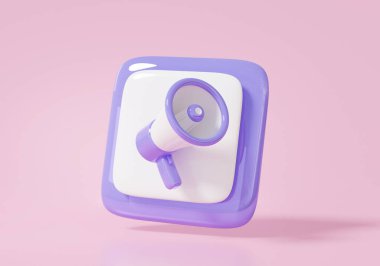 Megafon hoparlörü sembol simgesi minimal çizgi film stili, sosyal medya eğlencesi iletişim dijital pazarlama kavramı. Pembe arka planda. Yükseltici, boşluğu kopyala. 3d resimleme