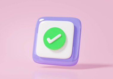 Onaylanmış yeşil işaret simgesi, evet, doğru, doğru, pembe arka planda izole edilmiş. En az sevimli çizgi film pürüzsüz, üç boyutlu resimleme