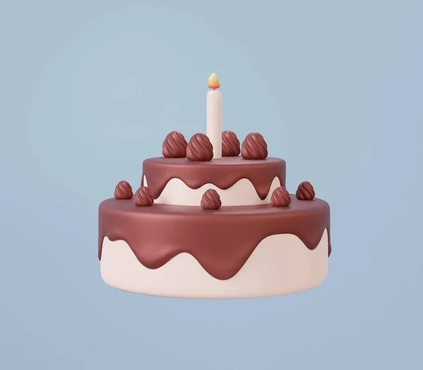 Chocolate cake icon with candle floating isolated on pastel background. party surprise birthday holiday anniversary, festive pastry, christmas, winner, cafe bakery shop. 3d rendering illustration