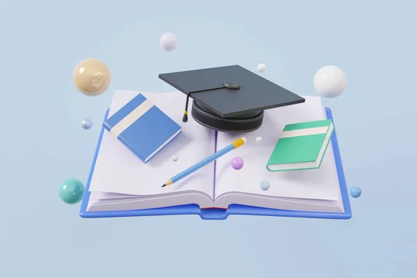 Otwarta Wiedza Książkowa Unosząca Się Fioletowym Pastelowym Tle Graduation Cap — Zdjęcie stockowe