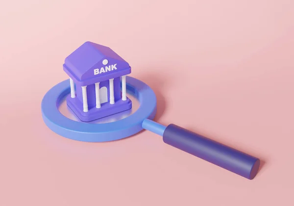 Isometrische Lupe Sucht Bank Gebäude Symbol Konzept Zur Zinseinlagenfinanzierung Geldtransaktionssicherheit — Stockfoto