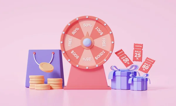 Fortune spin wheel icon isolated on pink background. business online shopping promotion marketing entertainment risk gamble event jackpot prize, cartoon minimal element. 3d render illustration