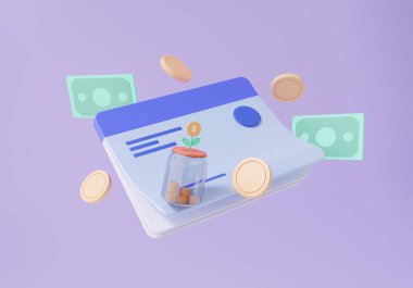 Mor pastel arka planda yüzen hesap defteri hesapları. Para transferi konsepti. Banka hesapları, bütçe, fon, hesap ödemeleri. Minimum çizgi film. 3 boyutlu görüntüleme. resimleme