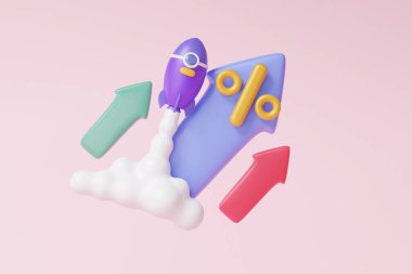 Minimum çizgi film uzay gemisi roket grafiği pembe arka planda yüzen daha yüksek ok. Çevrimiçi yatırım değişimi, vizyon büyümeyi hedefliyor finans sektörü kâr ekonomisi kavramı. 3d resimleme