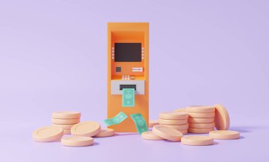 Çizgi film minimal turuncu ATM otomatik para yığını ve mor arka planda yüzen banknot. İşlem internet bankacılığı. Para transferi konsepti. 3d çizim elementleri