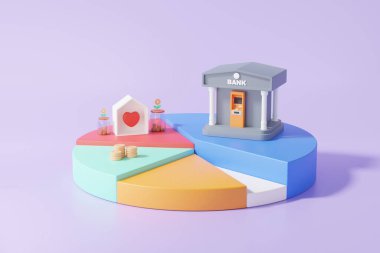 Çizelge yüzdesi orantılı veri analizleri büyümeyi optimize etme bankası inşaatı otomatik ve gayrimenkul, istatistik finansmanı grafiksel gelişim konsepti. 3d resimleme