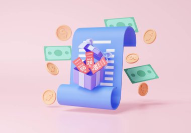 3 boyutlu kağıt fatura, bozuk paralar ve nakit paralar, pembe pastel arka planda yüzen hediye kutusu indirim kuponlarıyla birlikte. Para ödemeleri maliyet azaltma tasarruf kavramı. minimal çizgi film biçimi, 3d resimleme