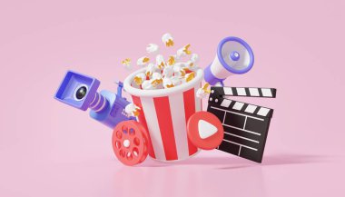 Reklam ürünleri film eğlencesi patlamış mısır kutusu pembe arka planda yüzüyor. Kağıt kova kırmızı çizgili kağıt bardak lezzetli parti fast food, alkış tahtası elementleri. 3d resimleme