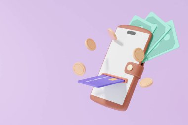 Mor arka planda yüzen minimum çizgi film ödemeleri ve madeni paralar. Kredi kartı ödemesi uygulamalı mobil cüzdan internet bankacılığı, döviz aktarımı konsepti üzerinden para çekmek. 3d resimleme