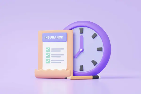 Clock time clipboard paper with Investing life insurance shield protection report information manage risks healthcare checkmark health care family assurance guarantee on purple background. 3d render