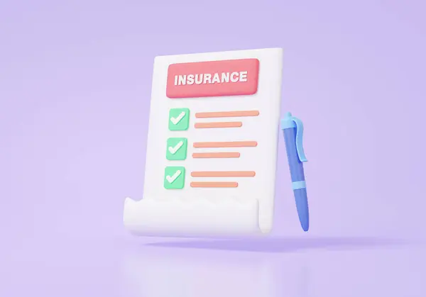 clipboard paper with bill investing life insurance shield protection report information manage risks healthcare checkmark health care family assurance guarantee on purple background. 3d rendering