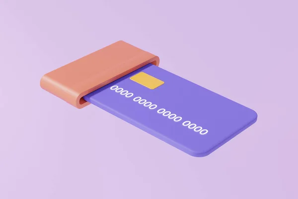 Online payments money transfer ATM withdraw financial transactions. 3D icon symbol credit or debit card concept floating on purple background. minimal cartoon style. 3d rendering. illustration