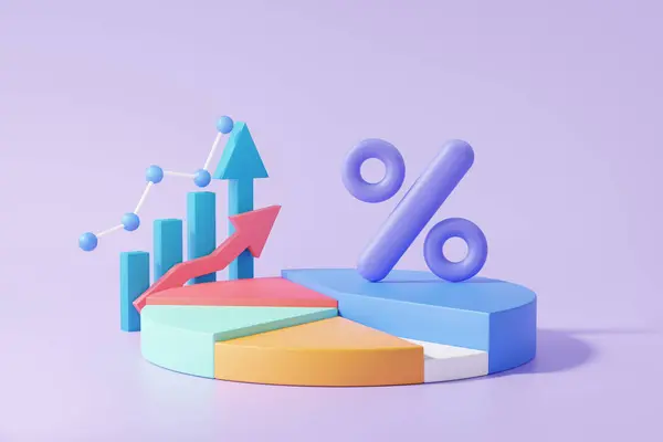 3D chart icon with percentage proportion data analytics optimization growth statistics finance graph business development concept. on purple background. minimal cartoon. 3d render illustratio