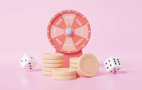 Cartoon minimal element Jackpot prize fortune spin wheel with dice on pink isolated background. business online promotion marketing entertainment risk gamble event. 3d rendering illustration