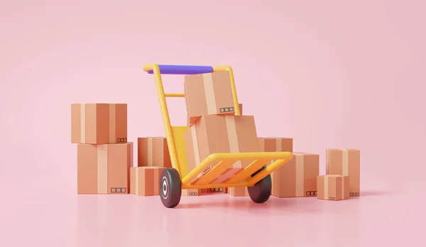 Minimal cartoon style distribution shipping warehouse customer package delivery transportation stack cardboard boxes with trolleys used in warehouse on pink background. 3d render illustration