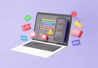Akıllı telefon yazılım geliştiricisi kavramında kodlama dili geliştirme bağlantı uygulaması. Kodlama dili programlama arayüzü web UI-UX sistem tasarımı, minimal çizgi film tarzı. 3d resimleme