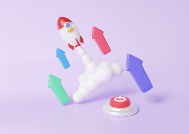 Power button startup business spaceship rocket spewing smoke fly to the moon future innovation.analytics vision arrow target growth profit financial business economics concept. 3d render. illustration